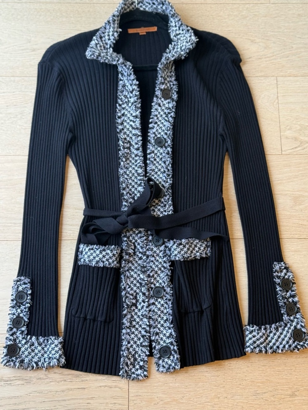 Belldini Black Ribbed Longline Cardigan w/ Tweed Trim Belted Size L Stretchy - Picture 2 of 3